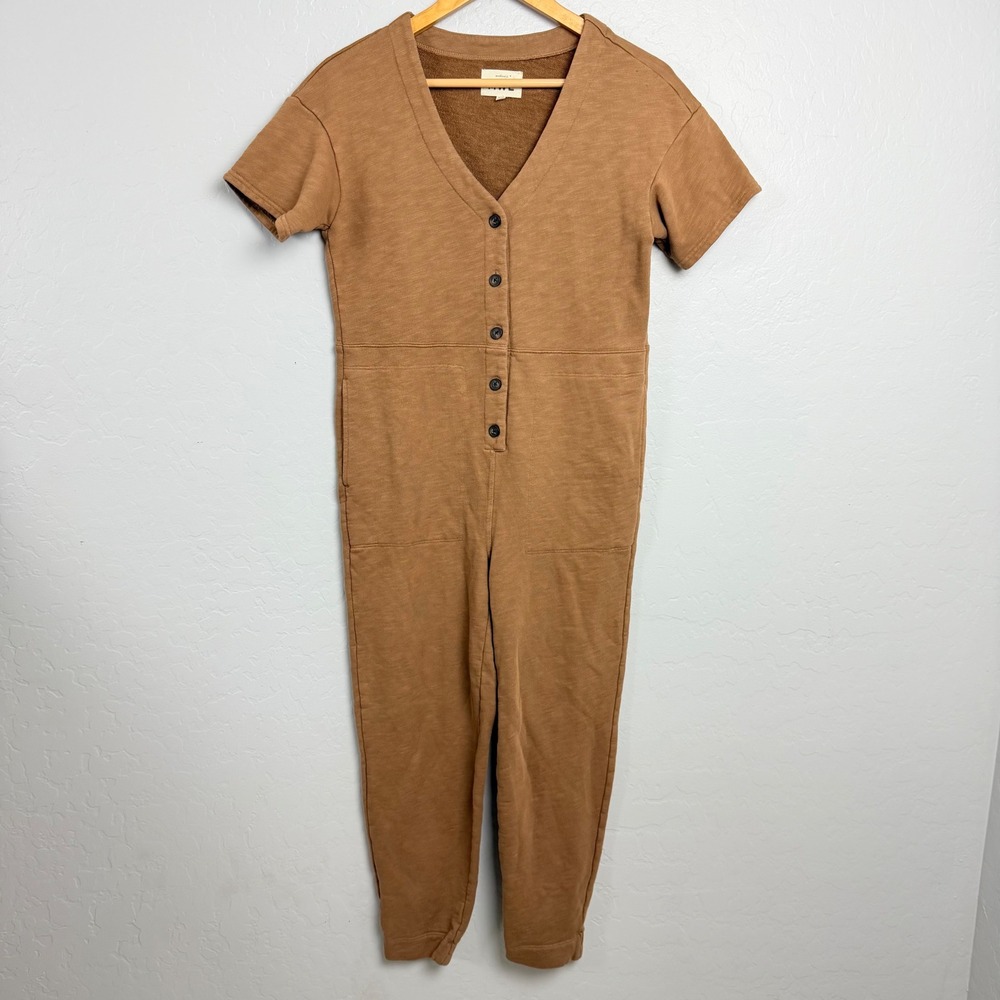 Madewell MWL Brown Cotton Slub Button Front Short Sleeve Oversized Jumpsuit XXS